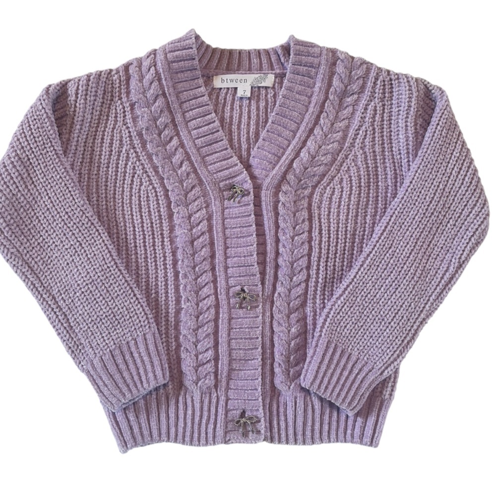 Btween Lavender Chenille Cable Knit Sparkle Cardigan Rhinestone Bow Girls Size 7